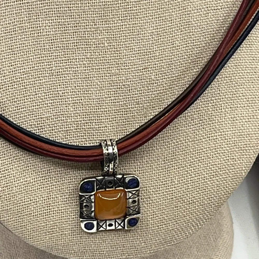Vintage Ava Yetter Southwestern Pendant Necklace – Amber, Lapis, 925 Sterling - Picture 5 of 17